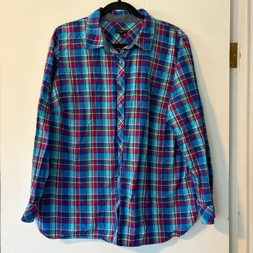 Talbots Shirt Womens 1x Blue Plaid Button Up Granola Girl Cabincore 100% Cotton